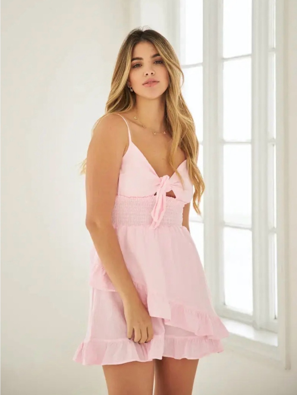 Women Pink Ruffle Tie-Front Sundress